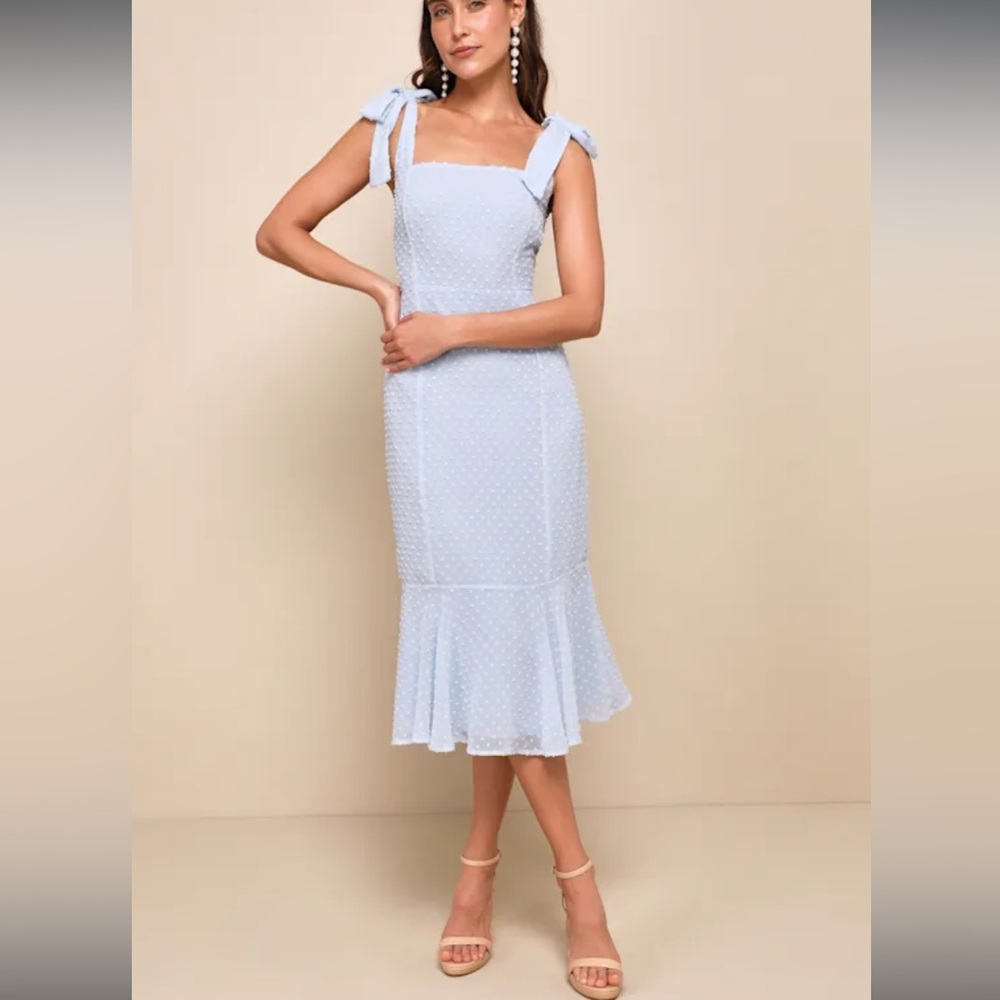 Lulus Bimini Periwinkle Blue Swiss Dot Tie-Strap Midi Dress